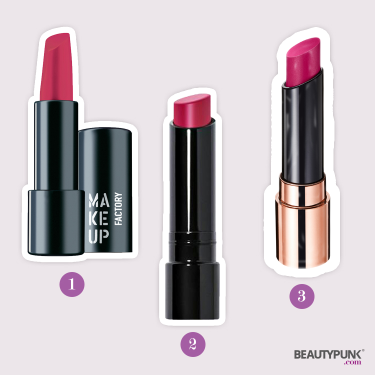 (1) Magnetic Lips semi-mat&long-lasting "Pink Fuchsia" Nr. 343 © Make up Factory ca. 15 € | (2) Sheer Lip Color "Hot Raspberry" © Bobbi Brown ca. 26€ über breuninger.com | (3)  Perfect Stay Fabolous Lipstick "202 Fuchsia" © Astor ca. 9 €