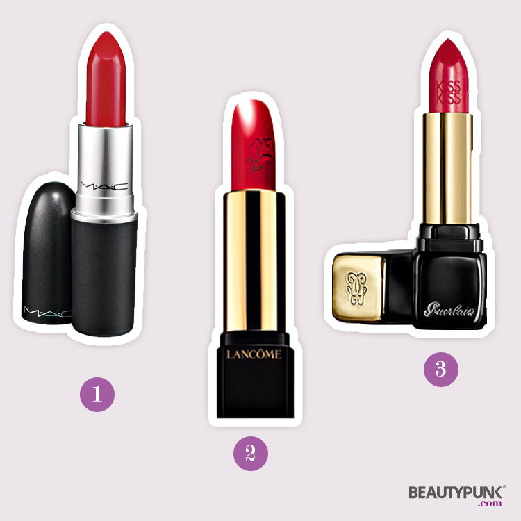 (1) Lippenstift M.A.C Red © MAC ca. 21 € über breuninger.com| (2) L´Absolu Rouge "Rouge Amour" © Lancome ca. 30 € über breuninger.com | (3) Kisskiss Lippenstift "Red on Fire" © Guerlain ca. 37 € über breuninger.com