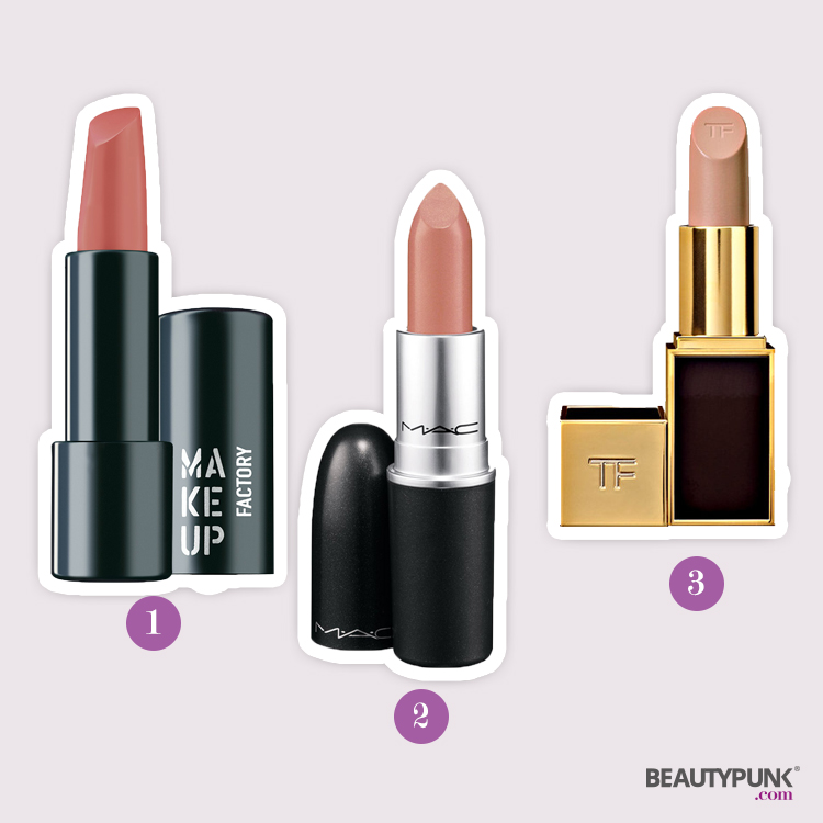 (1) Magnetic Lip Stick „Rosy Nude” Nr. 250 © Make up Factory ca. 15 € | (2) Cremesheen Lipstick "Shanghai Spice" © MAC ca. 21 € über breuninger.com | (3) Lip Color "Blush Nude" © Tom Ford ca. 48 € über breuninger.com