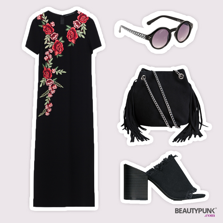 Kleid © Zara um 60 € | Mules © NLY Shoes um 24 € über nelly.de | Tasche © Pieces um 60 € über nelly.de | Sonnenbrille © Bijou Brigitte um 10 € 