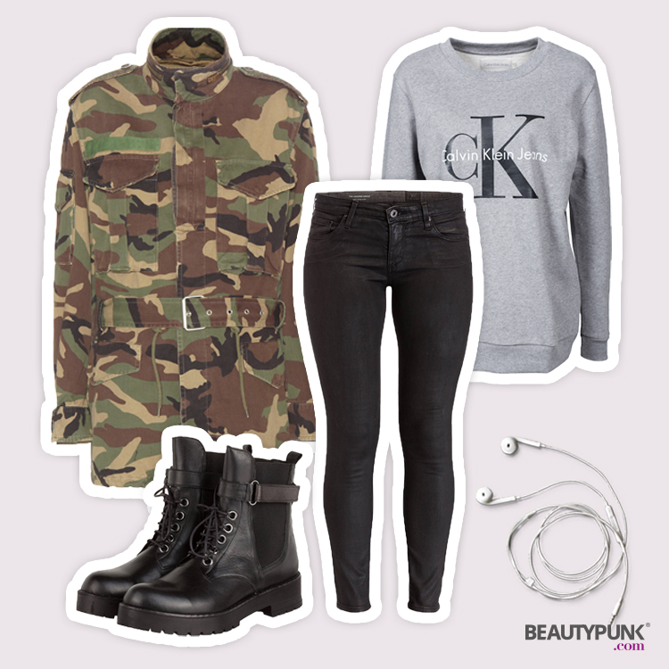 Baumwollparka mit Camouflage-Print © Saint Laurent ca. 2.500 € über mytheresa.com  | Schnürboots © Inuovo ca. 120 € über breuninger.com | Jeans © AG Jeans ca. 220 € über breuninger.com | Pullover © Calvin Klein Jeans ca. 140 € über nelly.de