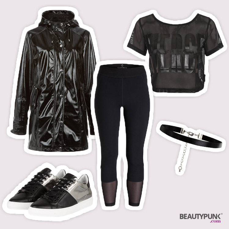 Regenparka © New Look ca. 45 € | Mesh-Top © Reebok ca. 45 € über nelly.de | Leggings © Cambio ca. 130 € über breuninger.com | Sneaker © Nubikk ca. 140 € über breuninger.com | Choker-Kette © New Look ca. 3 € 