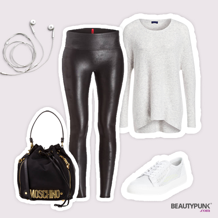 Leggings © Spanx um 100 € über breuninger.com | Beuteltasche © Moschino um 400 € über breuninger.com | Pullover © Darling Harbour um 70 € über breuninger.com | Sneaker © Bronx um 90 € über breuninger.com 