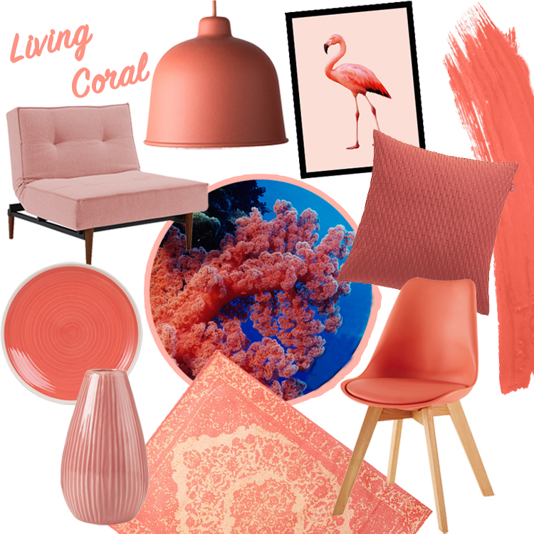 collage aus verschiedenen einrichtungsojekten, möbeln und dekoration in der korallenroten trendfarbe living coral