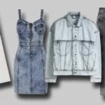 collage mit kleid jacke hose und rock aus acid wash denim