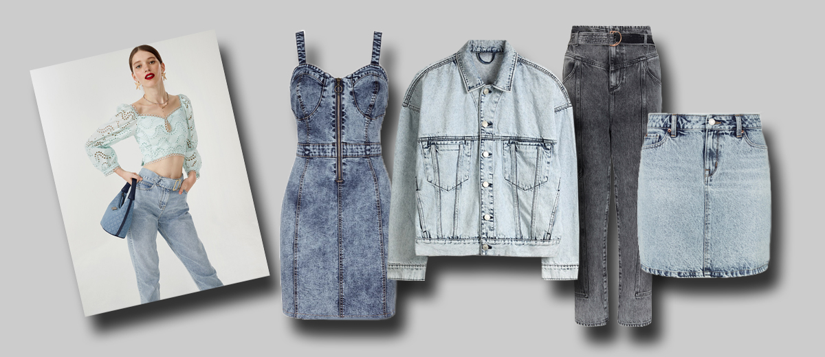 collage mit kleid jacke hose und rock aus acid wash denim