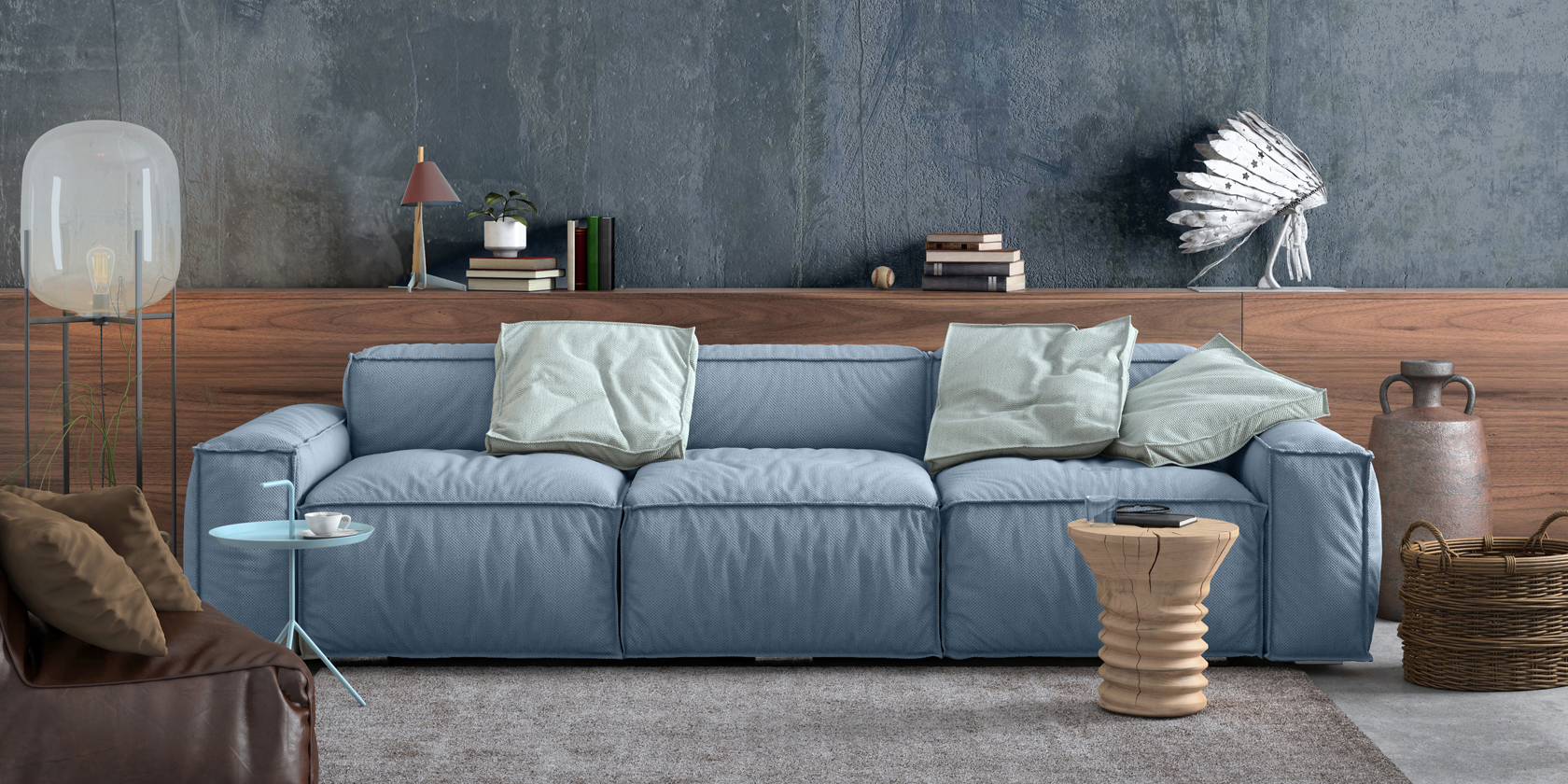 moderndes und gemühtliches wohnzimmer mit hellblauer couch
