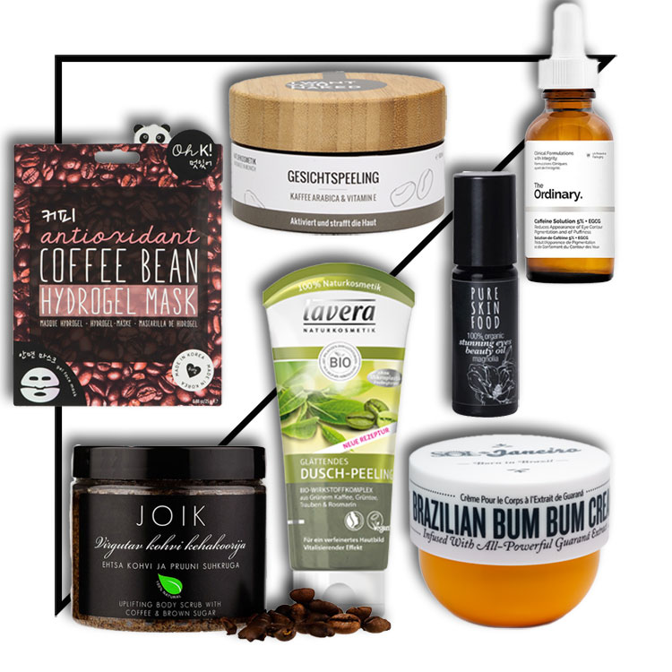 collage mit produkabbildungen verschiedener Beauty-Produkte mit dem Inhaltsstoff Koffein 