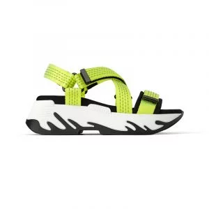 produktbild trekking-sandale mit weißer sohle und neongelben riemen