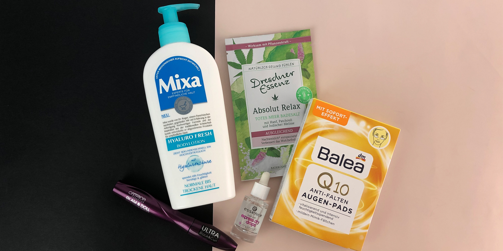 flatlay mit beauty produkten aus der drogerie