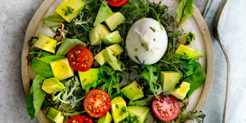 Grüner Salat mit Avocado und Miniburrata