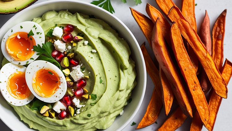 WAO - Cremiger Avocado-Dip mit Süßkartoffelpommes und Toppings